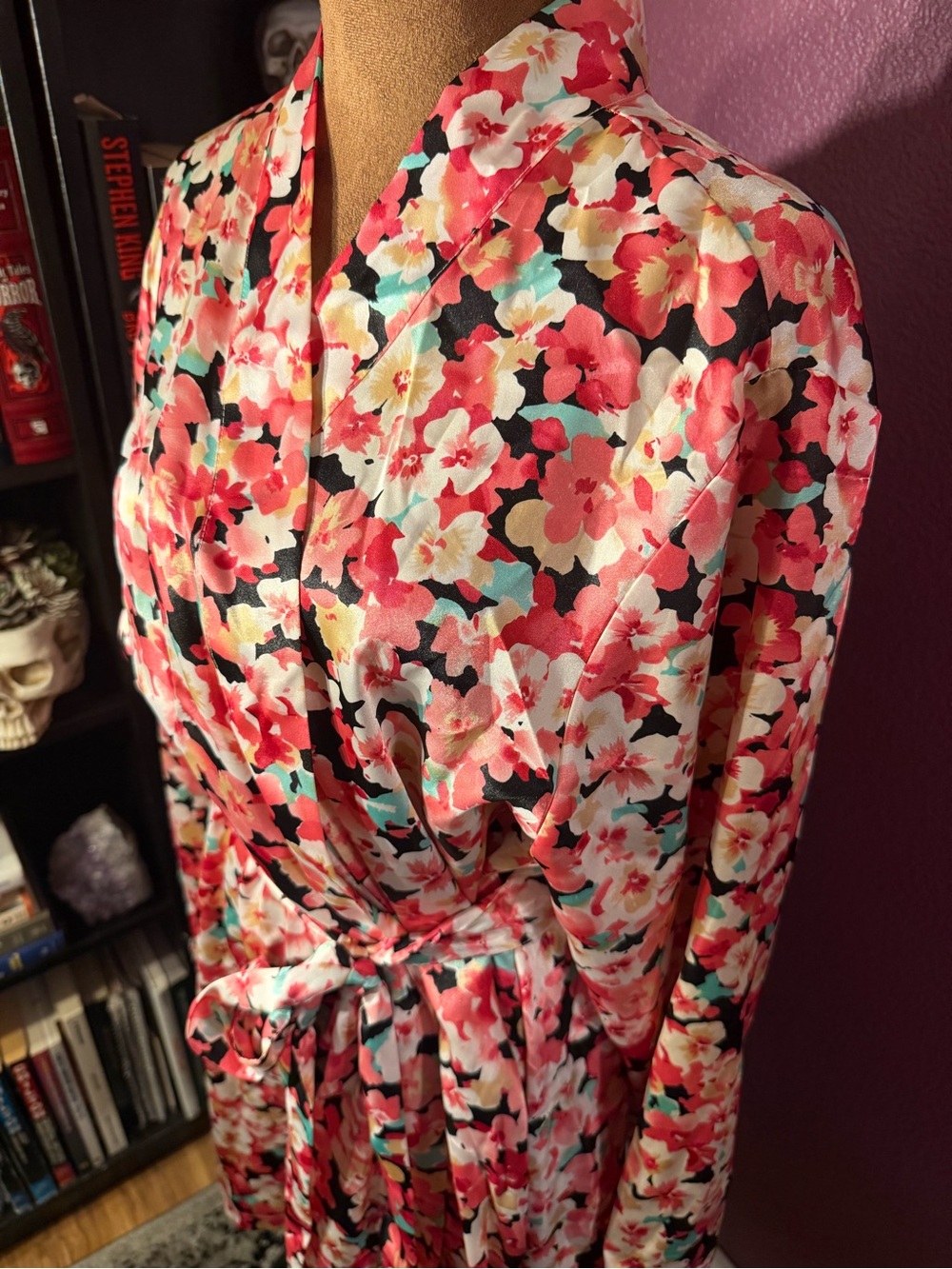 Morgan Taylor Floral Satin Wrap Robe in Pink, Black & Cream